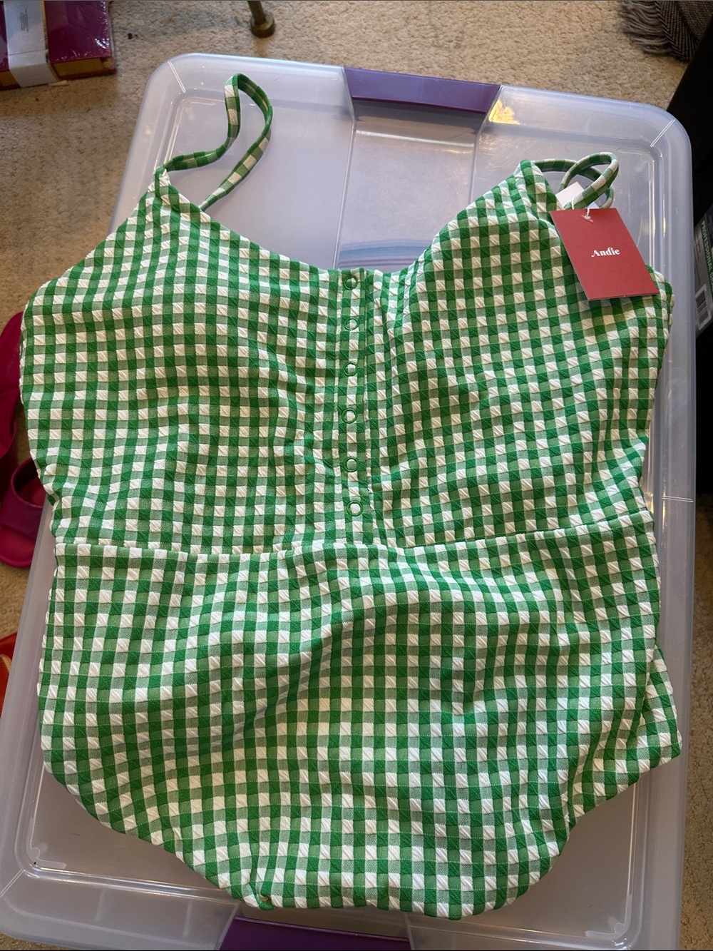 NWT Andie Green and White Gingham One-Piece Swimsuit with Front Buttons